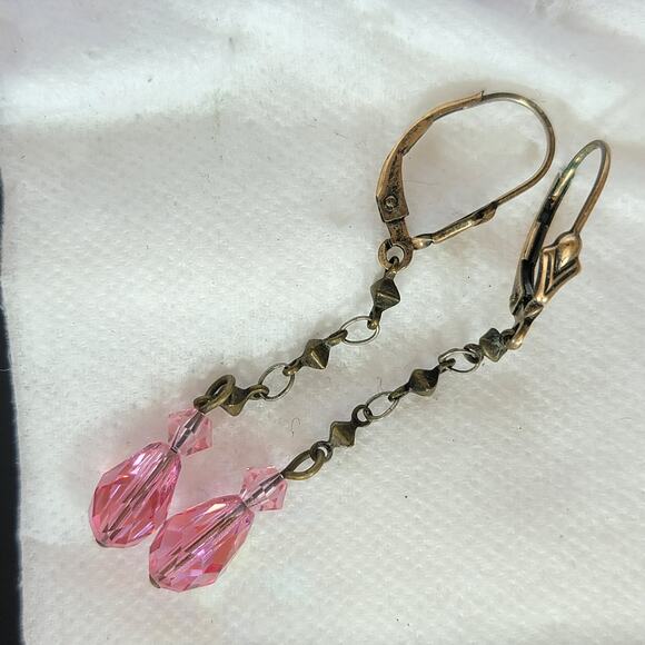 Vintage Pink Glass Earrings 2 Inch Bronze Dangle Boho Jewelry - Picture 4 of 8